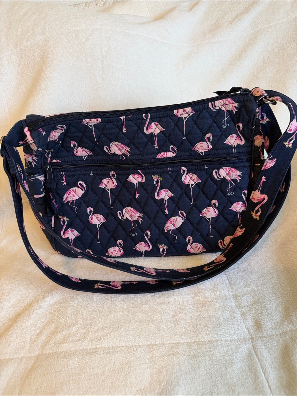 Vera Bradley Quilted Navy Bag with Pink Flamingo Print